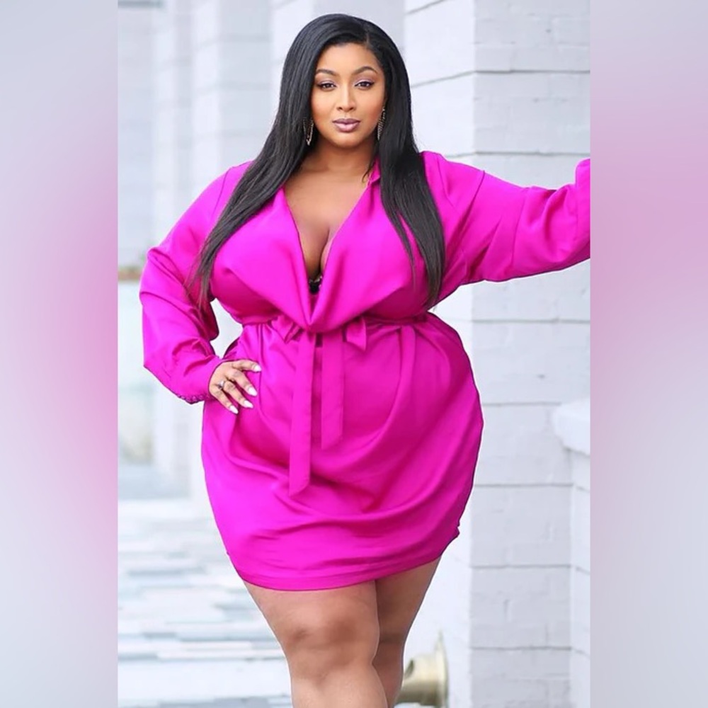 Plus Size Fuchsia Wrap Satin Mini Dress with Tie Waist - Picture 4 of 4